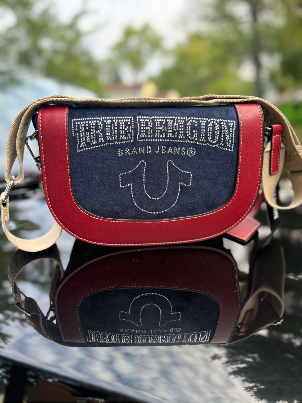 True Religion Red and Navy Studded Crossbody Messenger